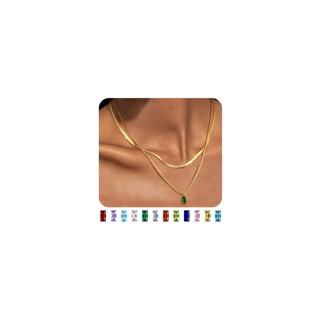 Gold Birthstone Layered Necklaces for Women - Dainty 14K Gold Plated Layered Necklace sparkling Green Diamond Pendant Necklace Simple Lightweight Gold Chain Necklace Set Stack Tarnish Free Gold Jewelry Necklaces for Women Trendy