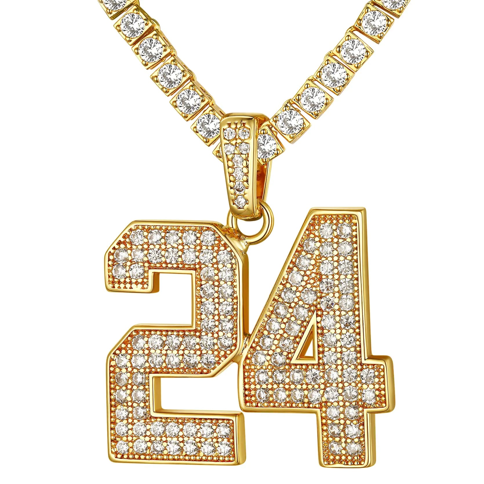 KeyStyle Gold Lucky Number Necklaces Custom Iced Bubble Numbers Chain Pendants with 18 Inches-30 inches Spiga Chain Mens Hip Hop Jewelry