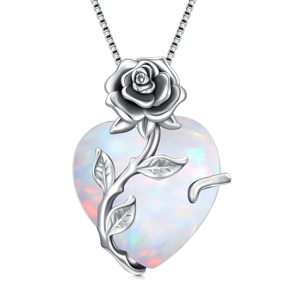 OCJ Opal Necklaces for Women Christmas Gifts Sterling Silver Heart Rose Flower October Birthstone Necklace White Opal Pendant Jewelry Gifts for Women Ladies Mom Girlfriend Wife Birthday Gifts Ideas