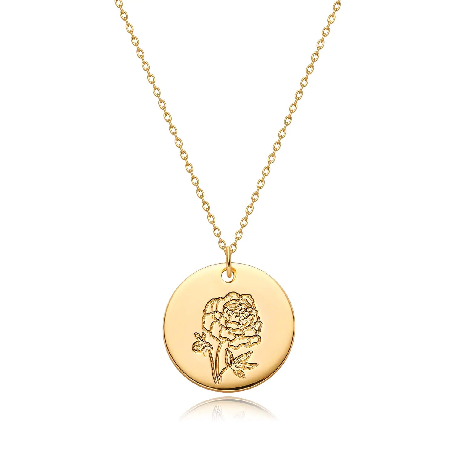 MYEARS Women Birth Flower Necklace Gold Coin Engraved Disc Month September Peony Flower Bouquet Pendant 14K Gold Plated Dainty Chain Personalized Floral Jewelry Birthday Gift