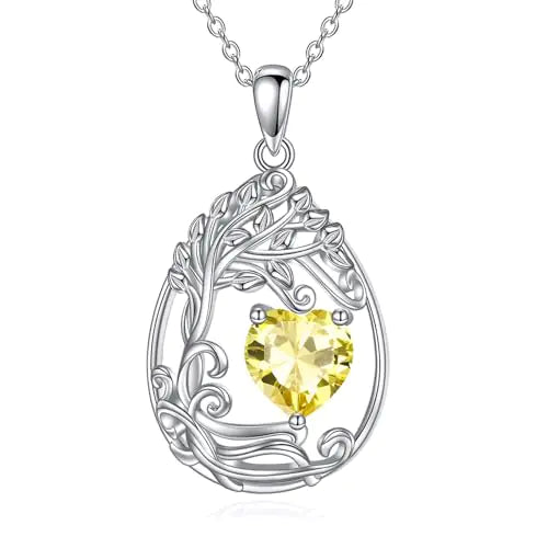 AINFQY Tree of Life Birthstone Necklace Sterling Silver Teardrop Pendant Citrine November Birthstone Necklace Gemstone Anniversary Birthday Jewelry Graduation Gifts for Women Wife (11-Nov-Citrine)