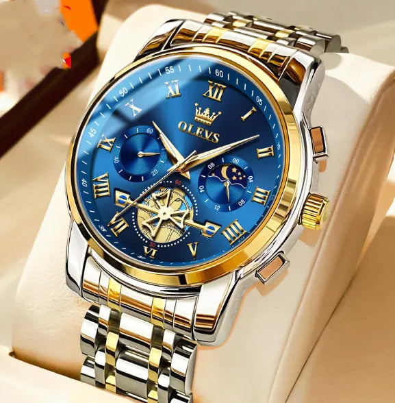 Men's Luminous Multifunctional Waterproof Quartz Watch with Stainless Steel Band