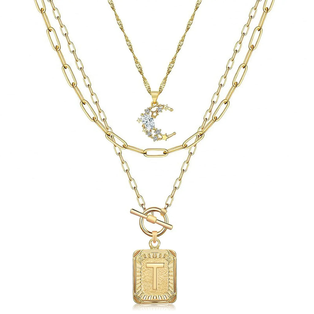 MJartoria Layered Initial Necklaces for Women Trendy 14K Gold Plated Simple Moon Choker Square Letter Pendant Necklace Paperclip Chain Necklace Gold Necklaces Jewelry Gifts (Gold T)