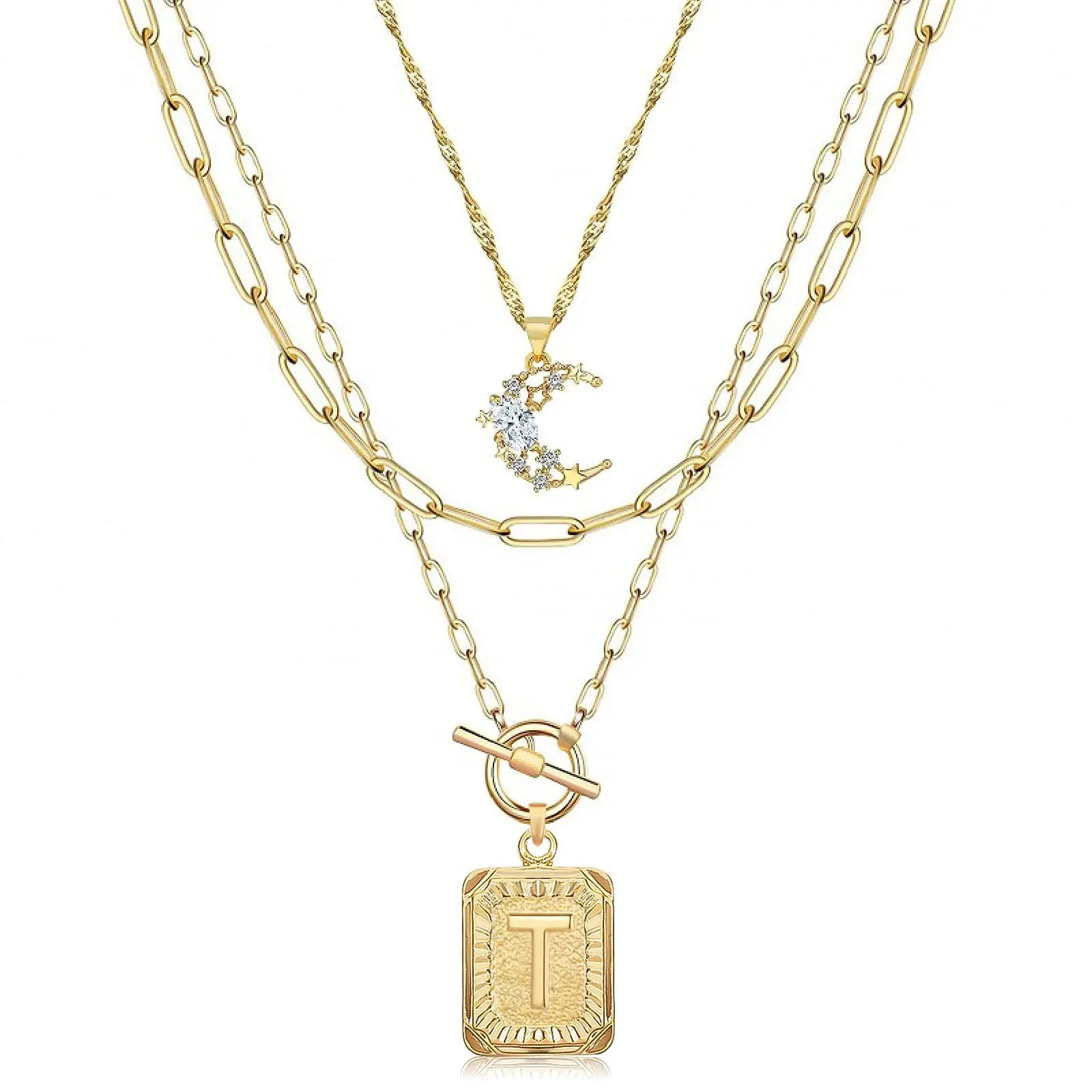 MJartoria Layered Initial Necklaces for Women Trendy 14K Gold Plated Simple Moon Choker Square Letter Pendant Necklace Paperclip Chain Necklace Gold Necklaces Jewelry Gifts (Gold T)