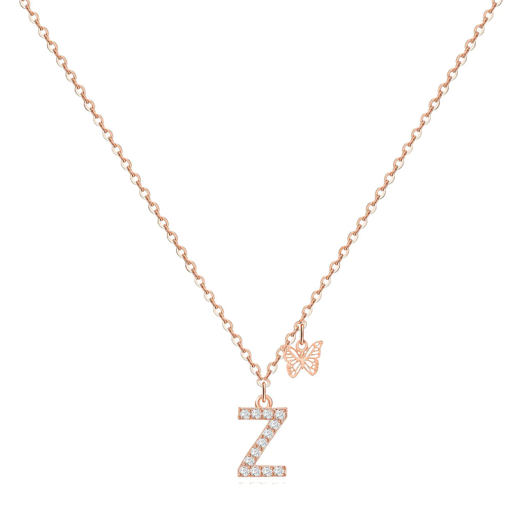 MJartoria Dainty Initial Necklace Butterfly Pendant Necklace 14K Gold Plated Cubic Zirconia Letter Dainty Necklaces Jewelry Birthday Gifts for Women (Rose Gold Z)