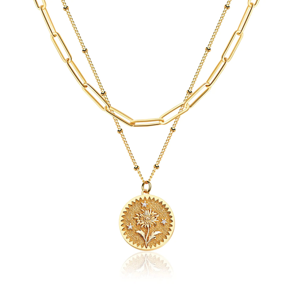 Valloey Rover Birth Flower Necklace for Women 14K Gold Plated Layered Dainty Carved Floral Pendant Necklace Personalized Engrave Month Necklace for Birthday Jewelry (November- Mums)