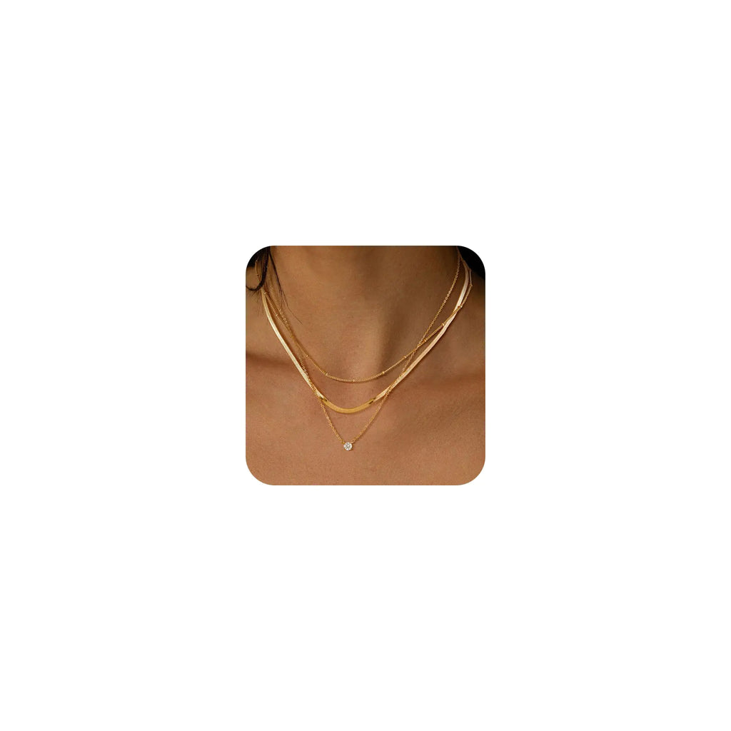 NECOCY Gold Layered Necklaces for Women Dainty 14K Gold Plated Herringbone Snake Satellite Choker Necklace Stack Simple Cute CZ Pendant Waterproof Necklace Set for Women Trendy Jewelry Gifts