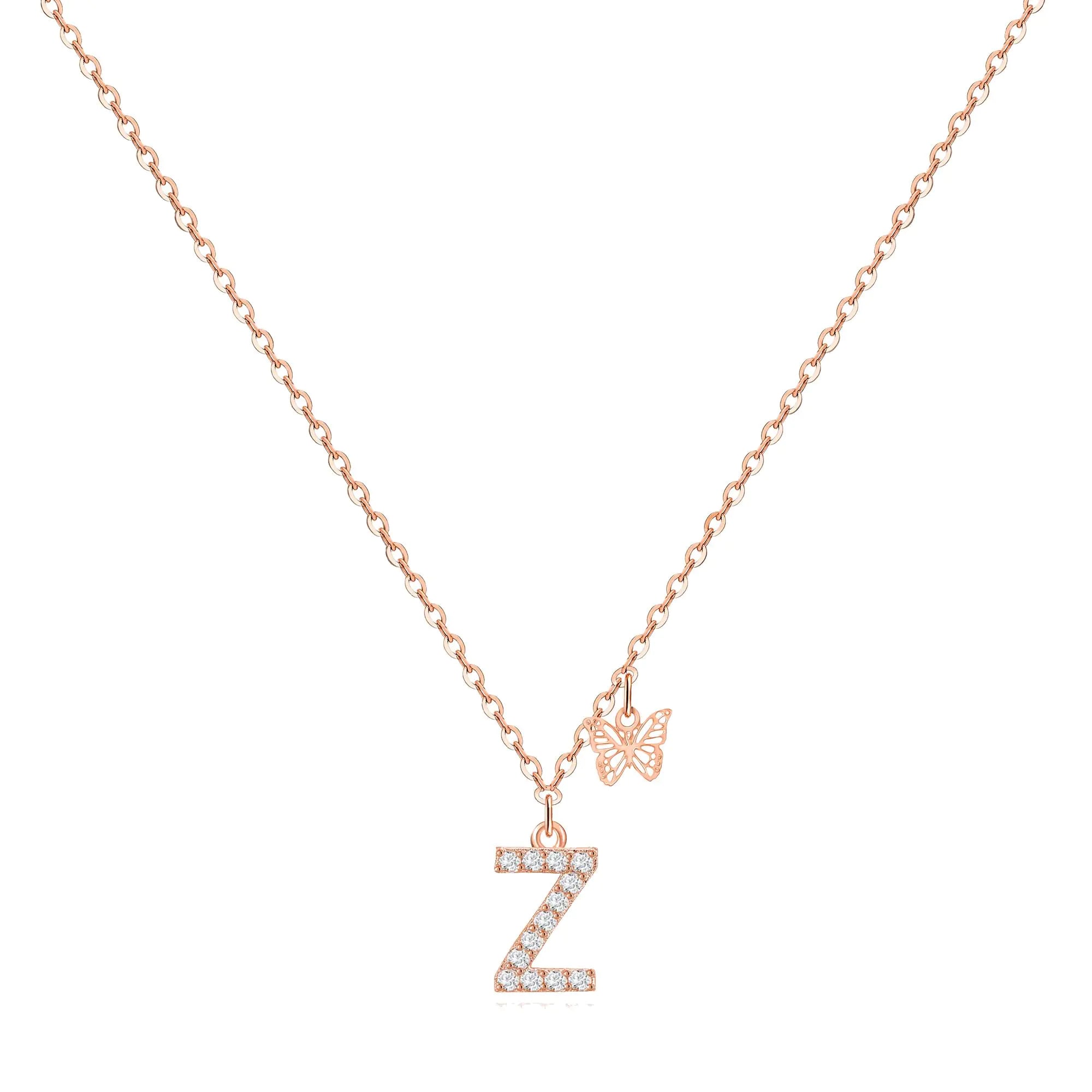 MJartoria Dainty Initial Necklace Butterfly Pendant Necklace 14K Gold Plated Cubic Zirconia Letter Dainty Necklaces Jewelry Birthday Gifts for Women (Rose Gold Z)