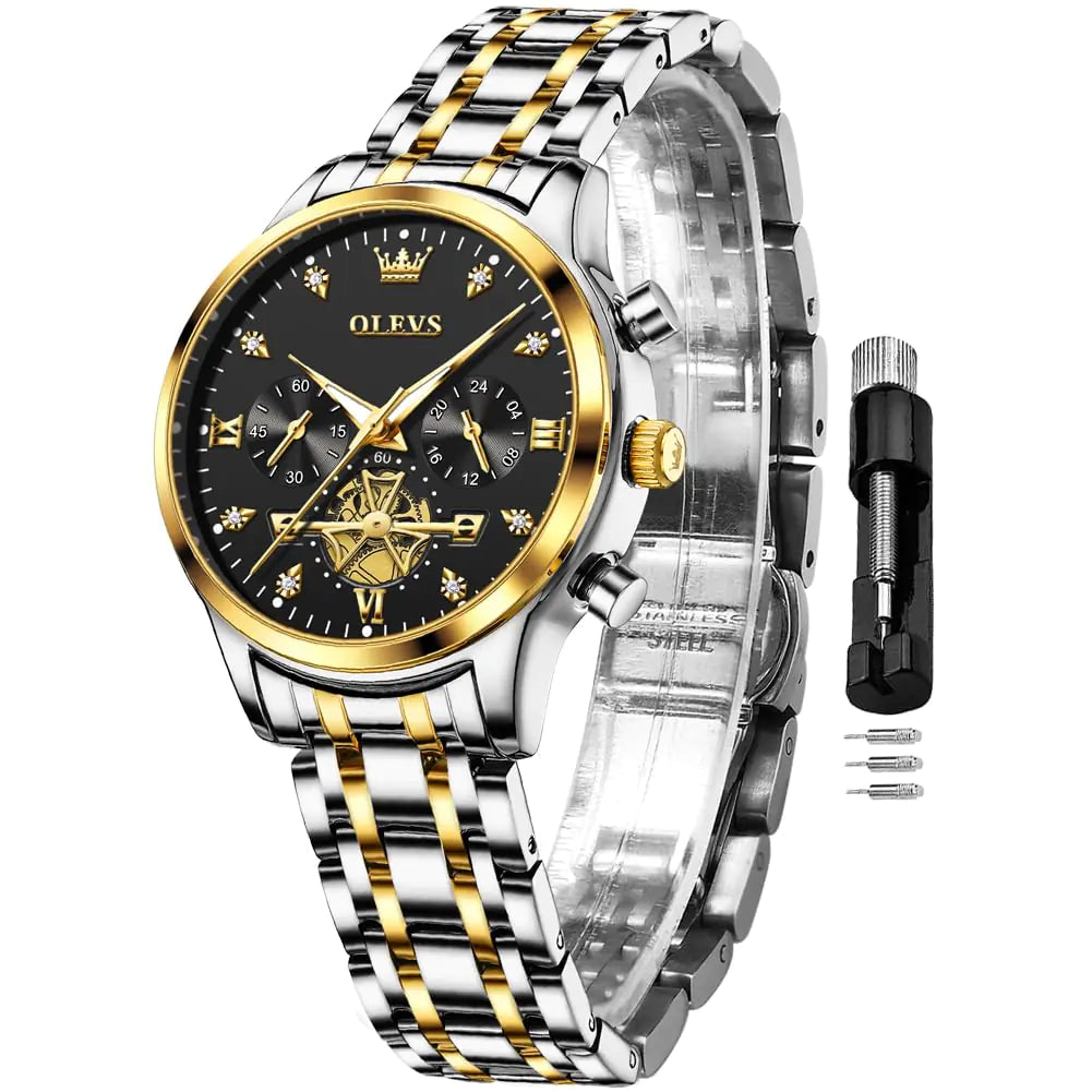 OLEVS Womens Watch Business Dress Diamond Female Watches for Ladies Analog Quartz Stainless Steel Waterproof Luminous Black Female Wristwatch