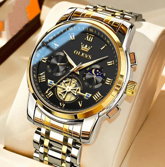 Men's Luminous Multifunctional Waterproof Quartz Watch with Stainless Steel Band