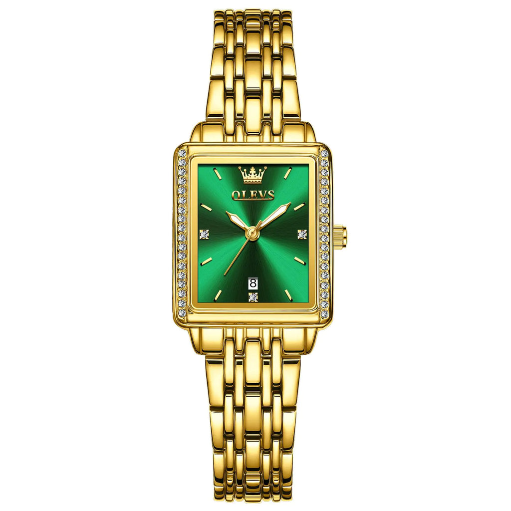 OLEVS Green Watches for Women Analog Dress Fashion Ladies Watch for Women Stainless Steel Square Waterproof Womens Date Watch Small Wrist Luminous Easy to Read Golden Watch Women Cheap Three Hands