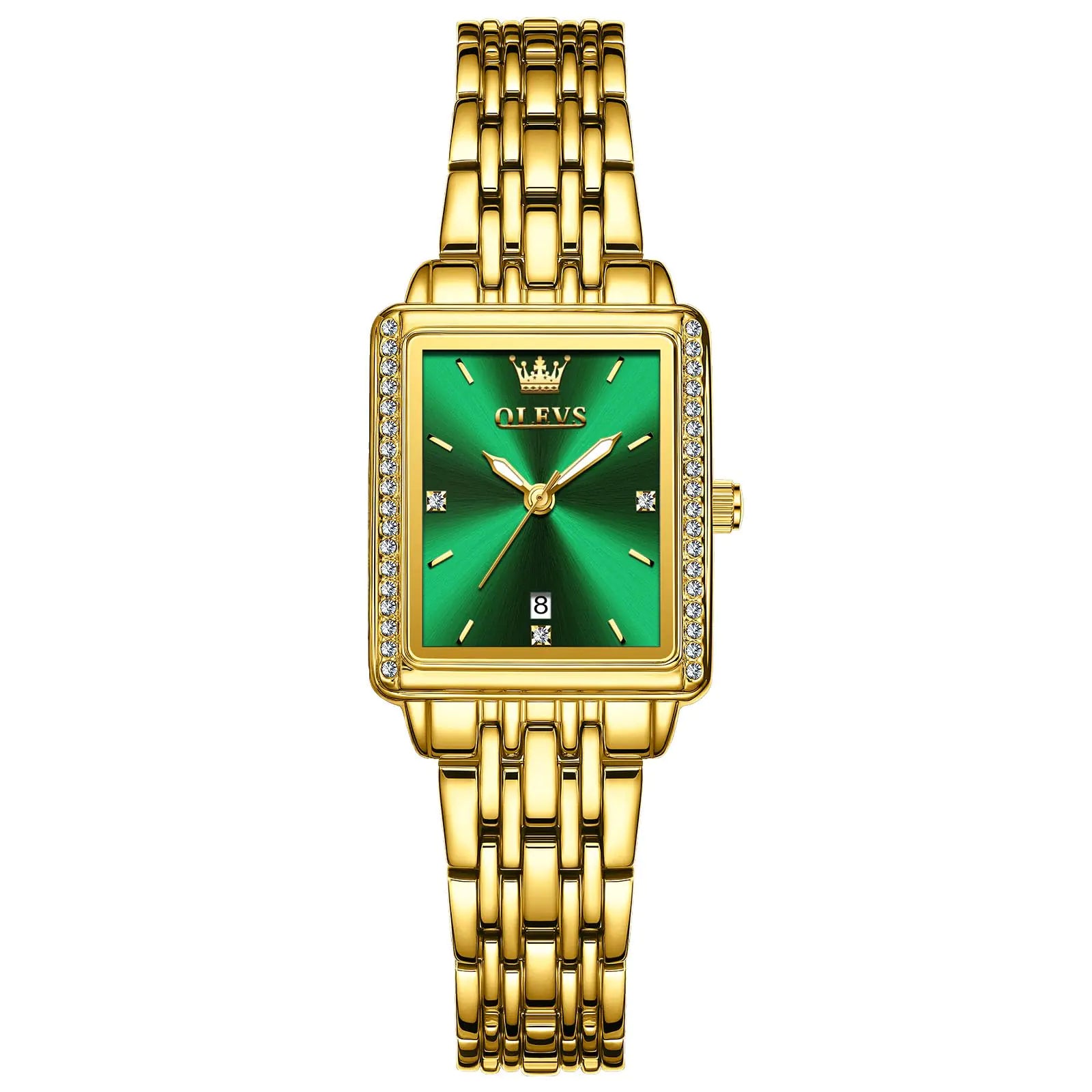 OLEVS Green Watches for Women Analog Dress Fashion Ladies Watch for Women Stainless Steel Square Waterproof Womens Date Watch Small Wrist Luminous Easy to Read Golden Watch Women Cheap Three Hands