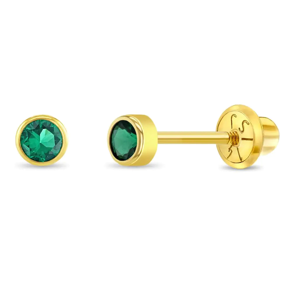 14k Yellow Gold Round 3mm Simulated Emerald Birthstone Bezel Stud Screw Backs for Baby Girls - Safety Back Locking for Children - Green CZ Earrings for Little Girls - May Birth Month Gift